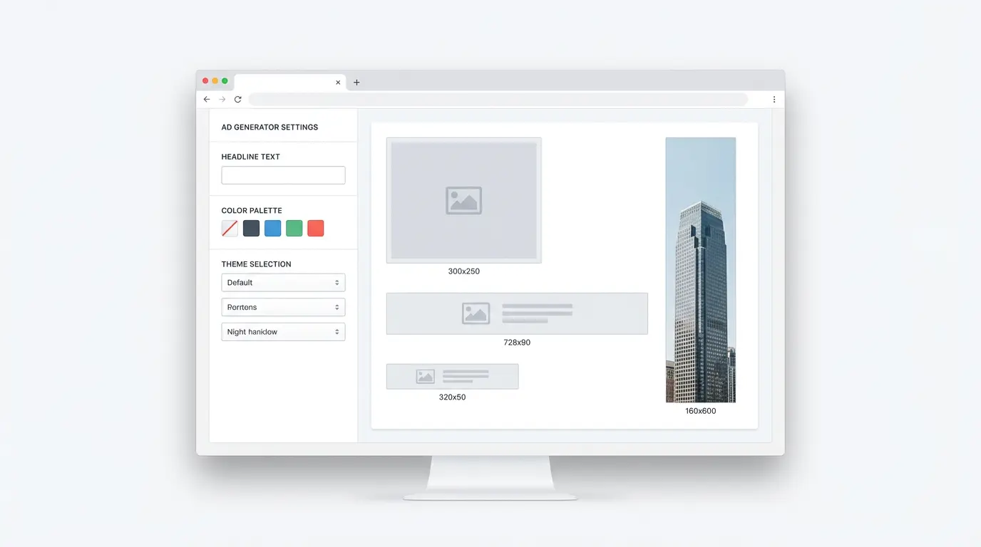 Screenshot-style illustration of a simple display ad generator tool showing multiple banner ad sizes, color controls, and theme options in a clean web app interface.