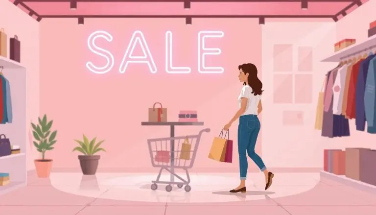 An illustration of a woman shopping at a store with the word "SALE" being shown