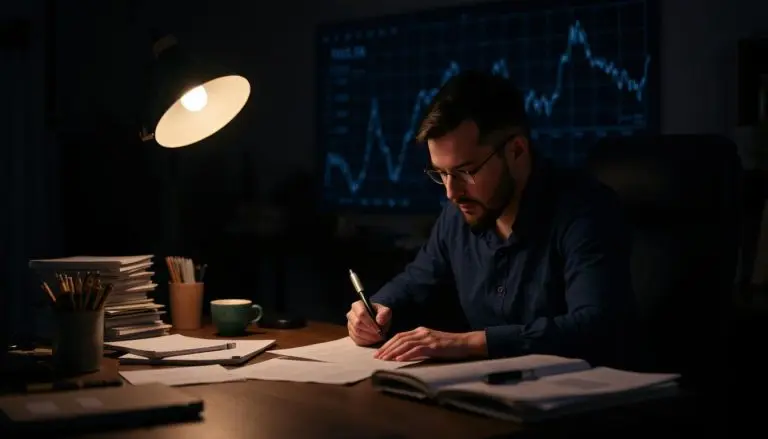 Affiliate marketer writing late at night, enduring the grind before seeing results, with a growth chart in the background.