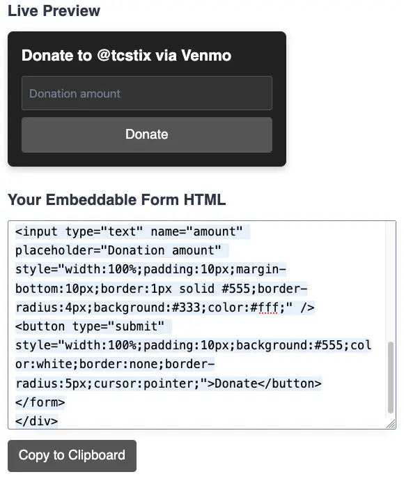 Venmo website donation form tool preview