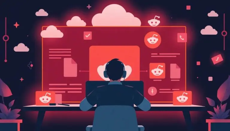 Someone downloading files from multiple sources through a futuristic interface, with Reddit icons and cloud storage graphics.