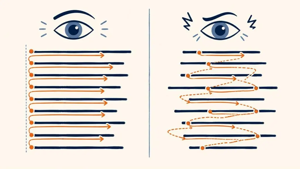 Illustration showing left-aligned text on the left side and that it's easy to read - versus center-aligned text on the right showing it's difficult to read.