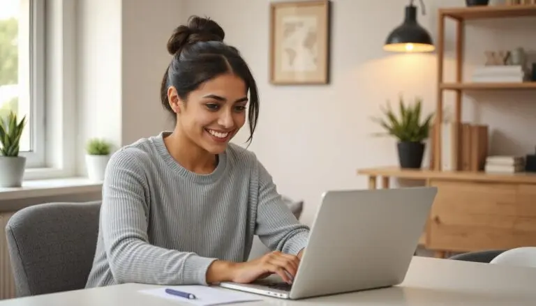A confident young entrepreneur working on a laptop at home, smiling while checking website analytics, warm lighting, minimalist workspace, modern casual clothing, digital income concept, passive income success, clean background, realistic photo style