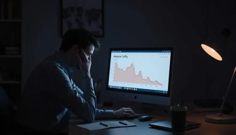 A sad business owner sitting looking at a computer screen that says, "Website Traffic" with a graph going gradually downward to zero.