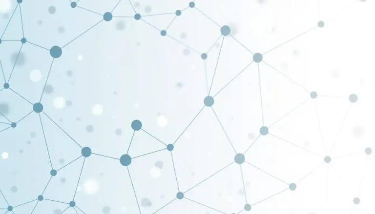 Abstract network mesh on a white-to-very-light-blue gradient, scattered small circles connected by thin curved lines