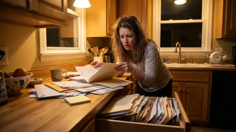 Realistic photo, woman scrambling to find an important document, papers spread across kitchen counter, open drawer with folders, one sticky note pad visible, slightly chaotic.