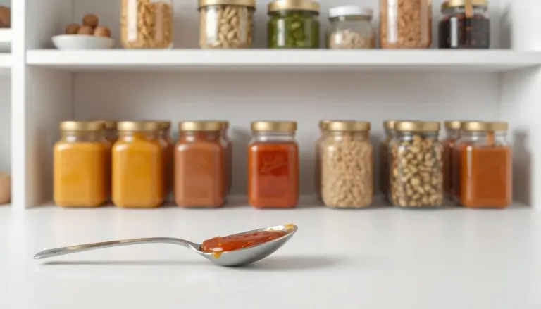 A tasting spoon of sauce offered forward with a pantry of sealed jars blurred behind it, suggesting you can share a little and still have plenty more.