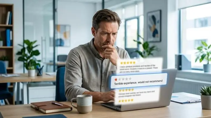 Business owner looking at a laptop with a Google review screen, one bad review highlighted
