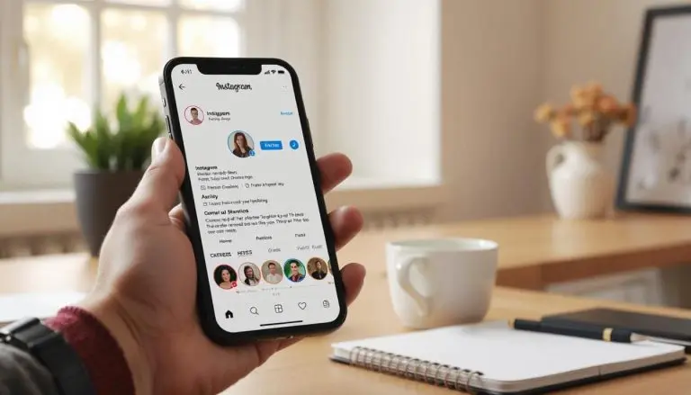 A smartphone screen showing an Instagram profile with a clear call to action in the bio, a link in bio tool, and a Reel playing — all in a clean, bright workspace. Include elements like a coffee cup, notepad, and affiliate-style vibe.