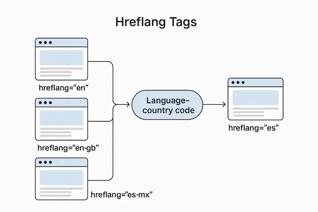 Diagram showing the relationship between hreflang and canonical tags for multilingual SEO canonicalization Hreflang tags explained in a diagram