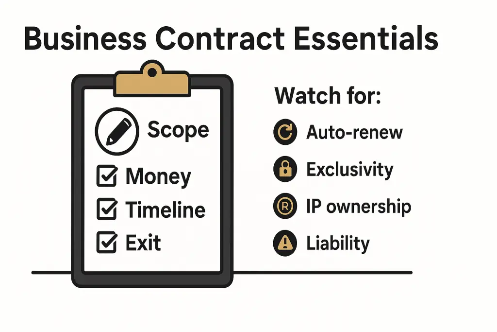Business contract checklist highlighting scope, money, timeline, and exit with a magnifying glass.