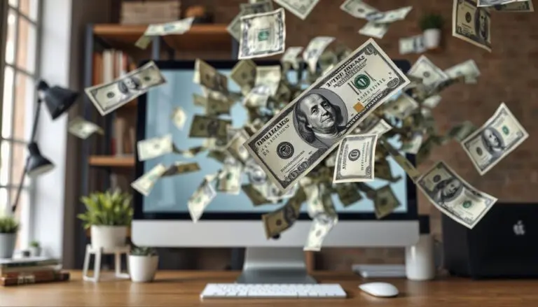 A website that makes lots of money - dollar bills coming out of a computer monitor. Make sure the dollar bills are the real size