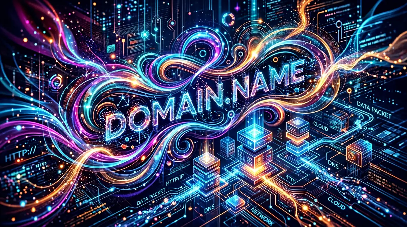 An abstract representation of a domain name, digital art style, close-up view, vibrant colors blending into each other, swirling patterns symbolizing connectivity and the internet, geometric shapes representing servers and data flow, ethereal lighting creating a sense of depth, futuristic atmosphere, suitable for a tech-themed visual.