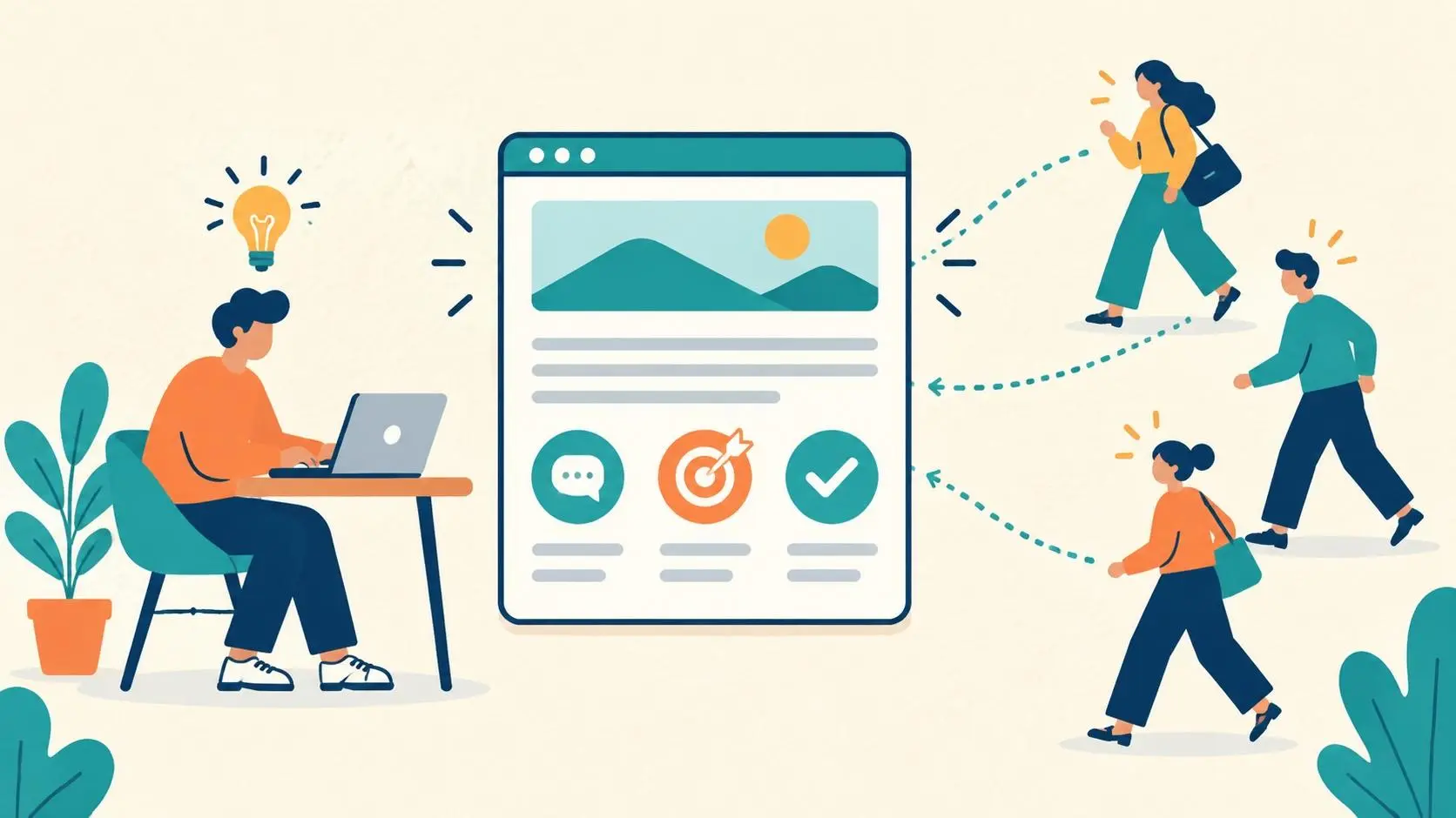 Illustration of a business owner creating an article that connects with three potential customers.