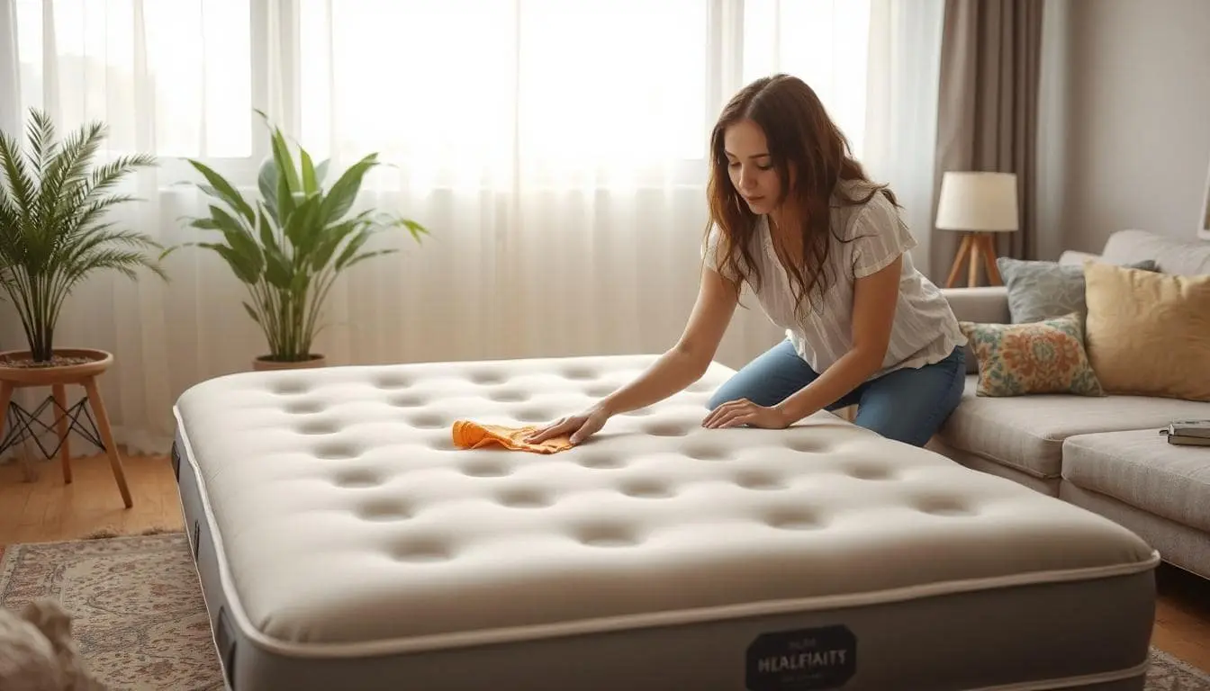 A woman cleaning an inflatable mattress inside her house. She using cleaning supplies