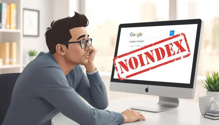 A confused-looking website owner staring at search results that show “0 pages indexed,” with a big red “noindex” stamp hovering over a computer screen. Clean, vector style or minimal 3D.