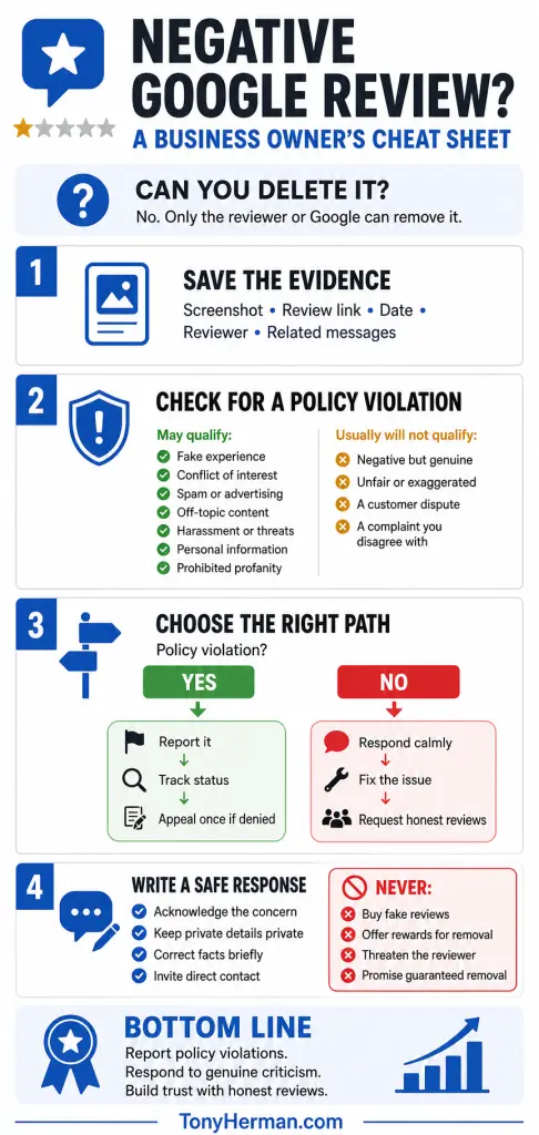 Negative Google review removal cheat sheet showing when to report, appeal, respond, and request honest reviews.