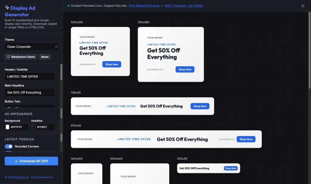DisplayAdGenerator.com screen shot of interface.