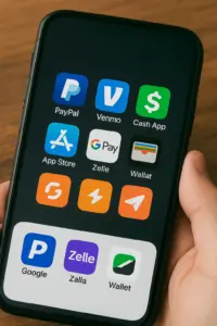 Mobile phone with money apps showing on it