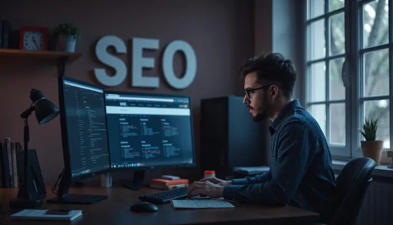 Someone at their computer, working on SEO.