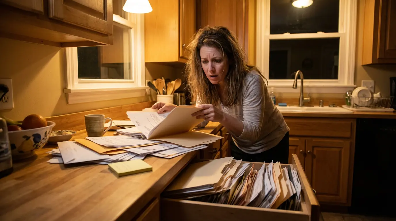 Realistic photo, woman scrambling to find an important document, papers spread across kitchen counter, open drawer with folders, one sticky note pad visible, slightly chaotic.