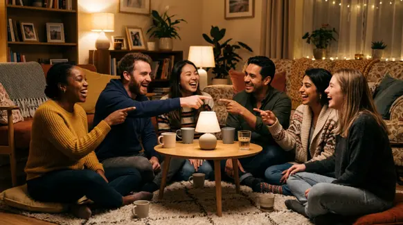 A warm, candid photo-style scene of a diverse group of grown up friends sitting in a living room circle, laughing and pointing playfully as if playing a party game.