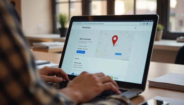 Business owner adding NAP details and Google Business Profile link to a website footer for local SEO.