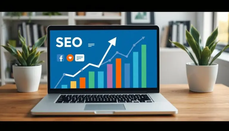 Modern flat design showing a laptop screen with an upward graph, traffic signs, SEO symbols, social media icons, and a magnet pulling in icons representing visitors. Clean, bold colors (blue, green, orange), professional marketing style. Overhead angle with bright lighting.
