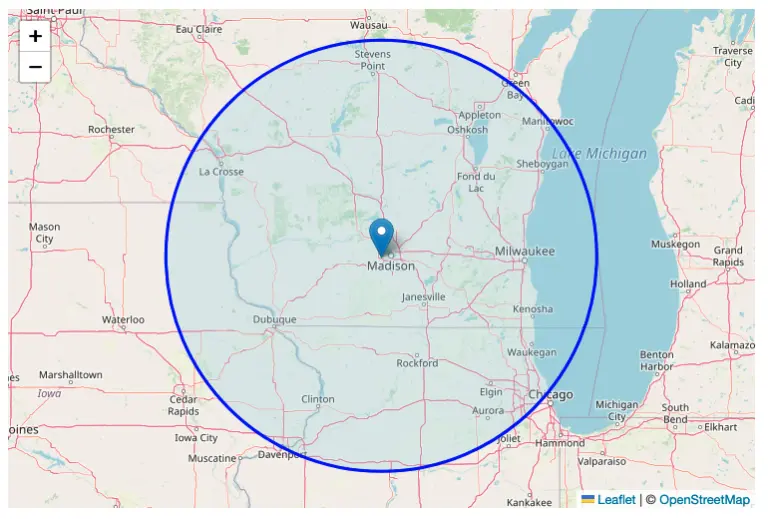 A pin on a map with a shaded area in a radius around the pin point showing the service area of a company.