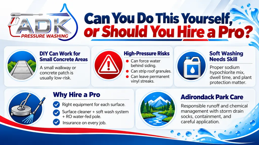 ADK Pressure Washing infographic comparing DIY pressure washing with professional exterior cleaning, including high-pressure risks, soft washing requirements, professional equipment, insurance, and responsible runoff management near Adirondack Park.