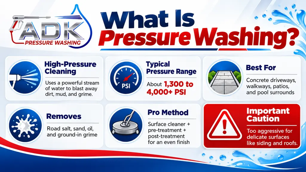 ADK Pressure Washing infographic explaining pressure washing, including high-pressure cleaning, typical PSI range, best surfaces, common grime removed, professional cleaning methods, and cautions for delicate surfaces.