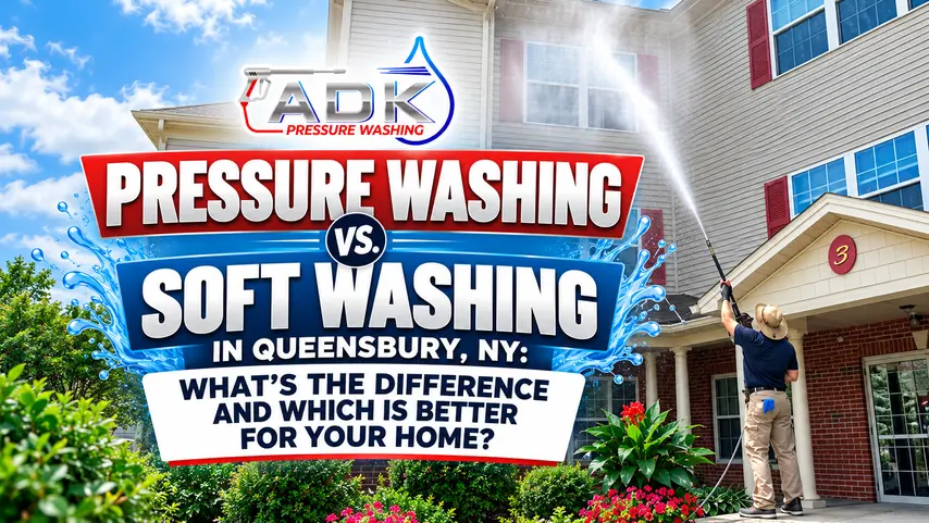 ADK Pressure Washing professional cleaning a home exterior in Queensbury, NY, illustrating the difference between pressure washing and soft washing.