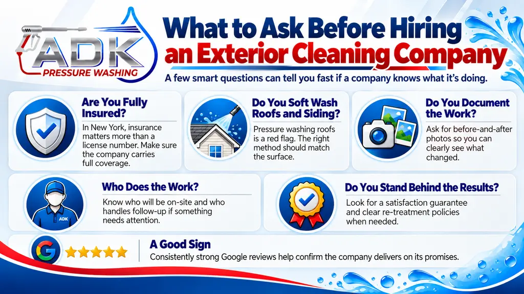 ADK Pressure Washing infographic outlining key questions to ask before hiring an exterior cleaning company, including insurance, soft washing methods, work documentation, who performs the job, satisfaction guarantees, and the value of strong Google reviews.