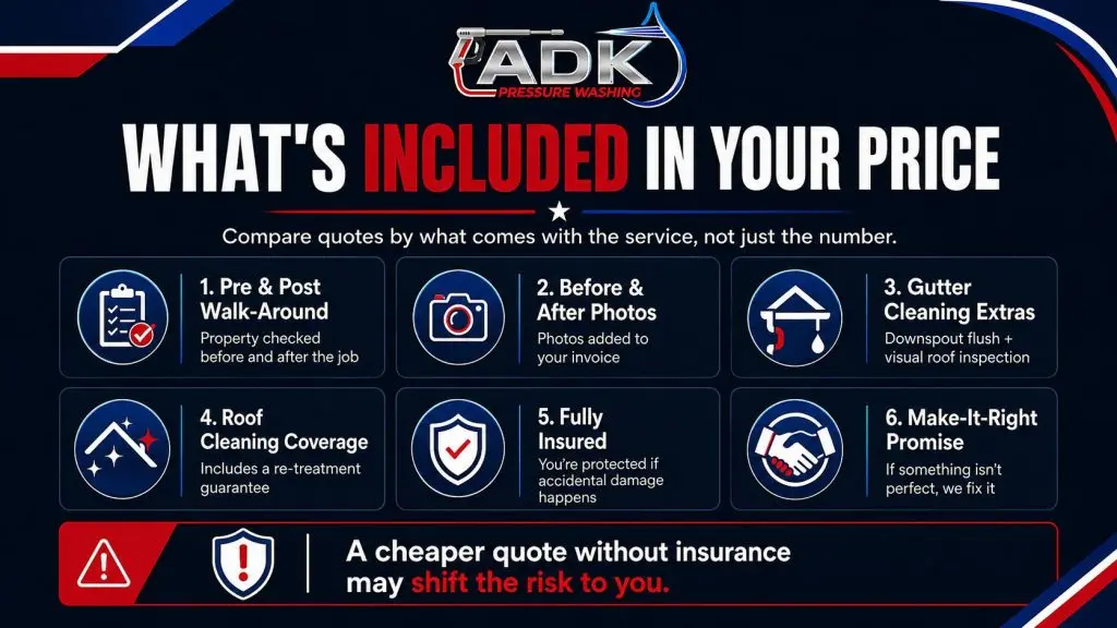 Infographic showing walk-arounds, before-and-after photos, service guarantees, gutter cleaning extras, and insurance included with ADK Pressure Washing.