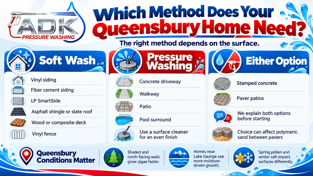 ADK Pressure Washing infographic showing which home surfaces in Queensbury, NY should be soft washed, pressure washed, or handled with either method, plus local conditions like shade, Lake George moisture, pollen, and winter salt.