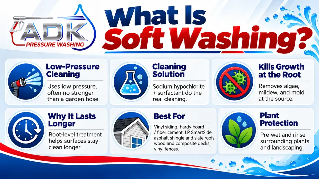 ADK Pressure Washing infographic explaining soft washing, including low-pressure cleaning, cleaning solution, root-level removal of algae and mildew, longer-lasting results, best surfaces, and plant protection steps.