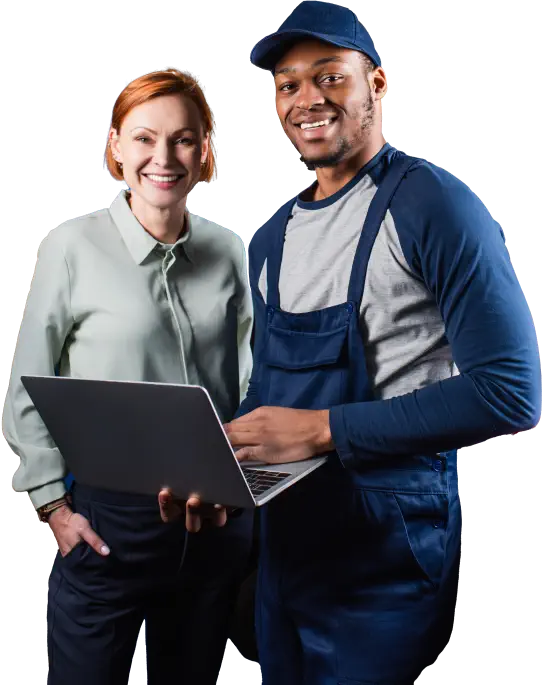 happy client african-american mechanic laptop smiling car workshop