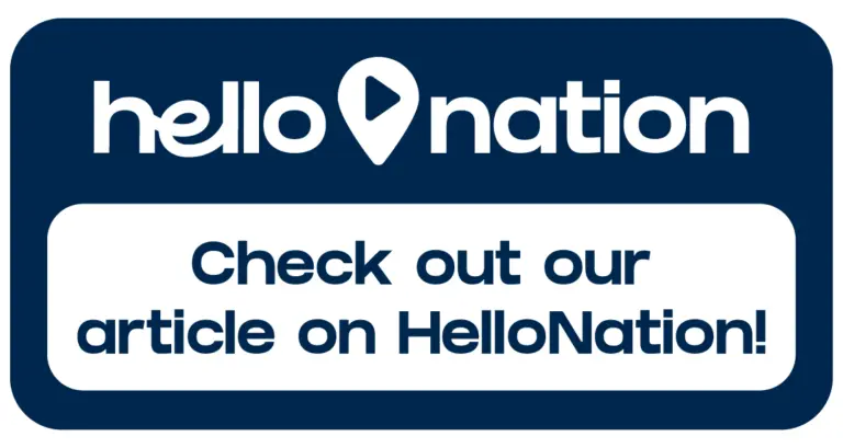 Dark blue and white graphic with the text hello nation at the top and Check out our article on HelloNation! in a white box below. The o in hello features a play button, highlighting topics like auto repair Northglenn CO.