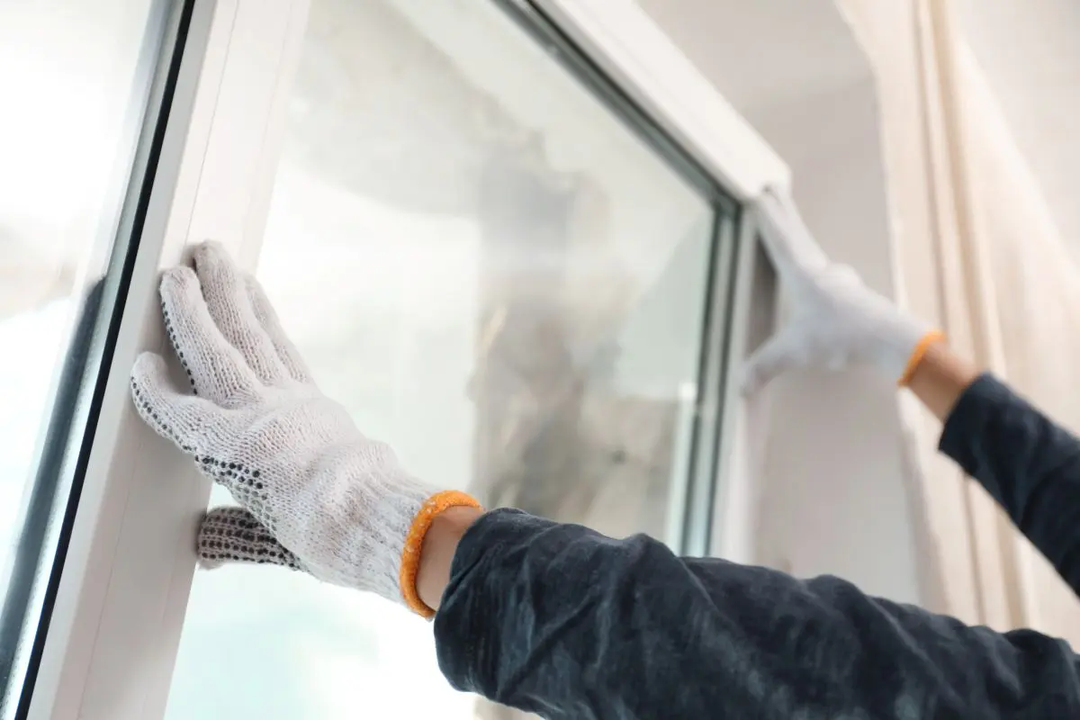 worker using white gloves installing new window