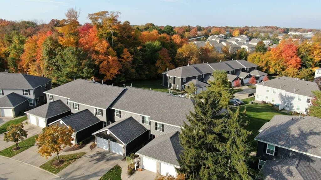 Townhouse aerial view with new roofs