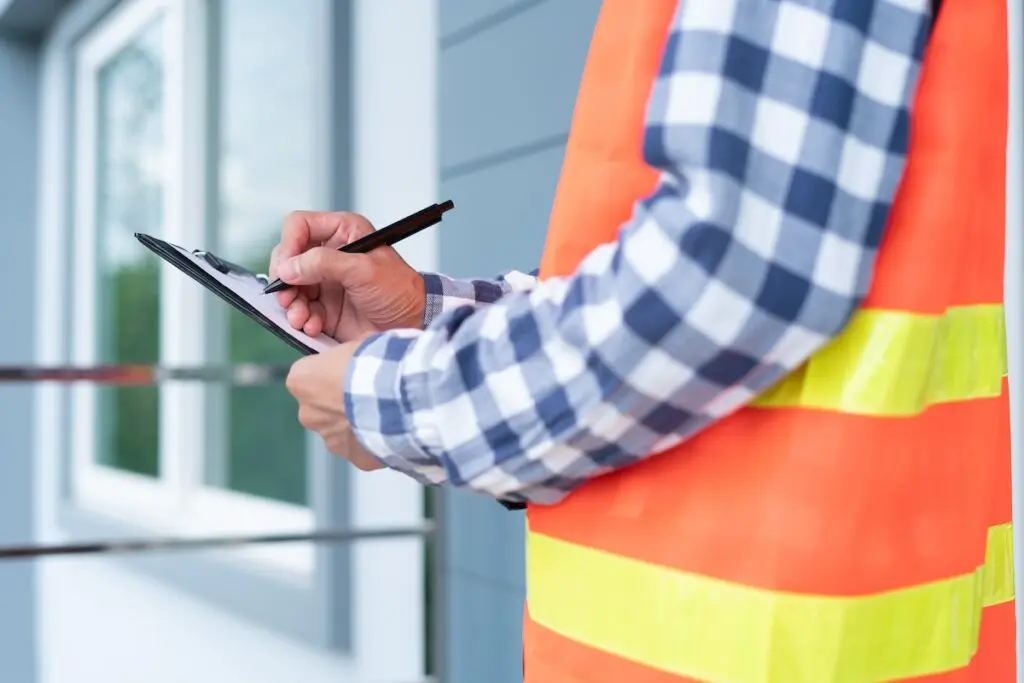 The inspector or engineer is checking the building structure and house roof specifications. After the renovate is complete