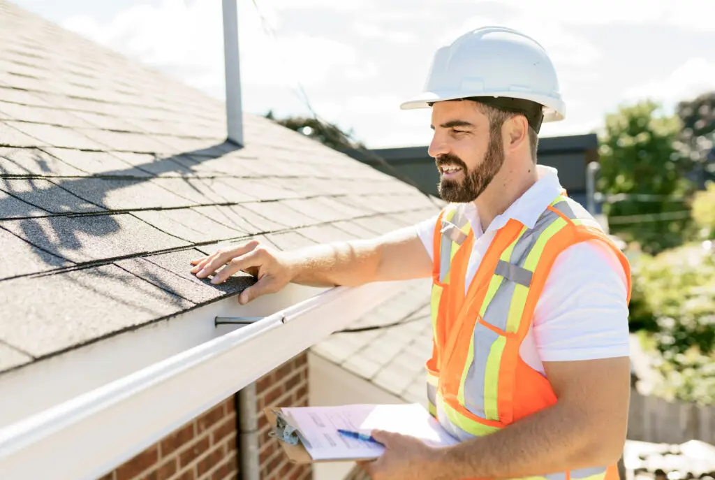 A man in a hard hat, holding a clipboard, standing on the steps of commercial roof inspection
