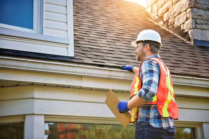 guy using helmet doing roof inspection