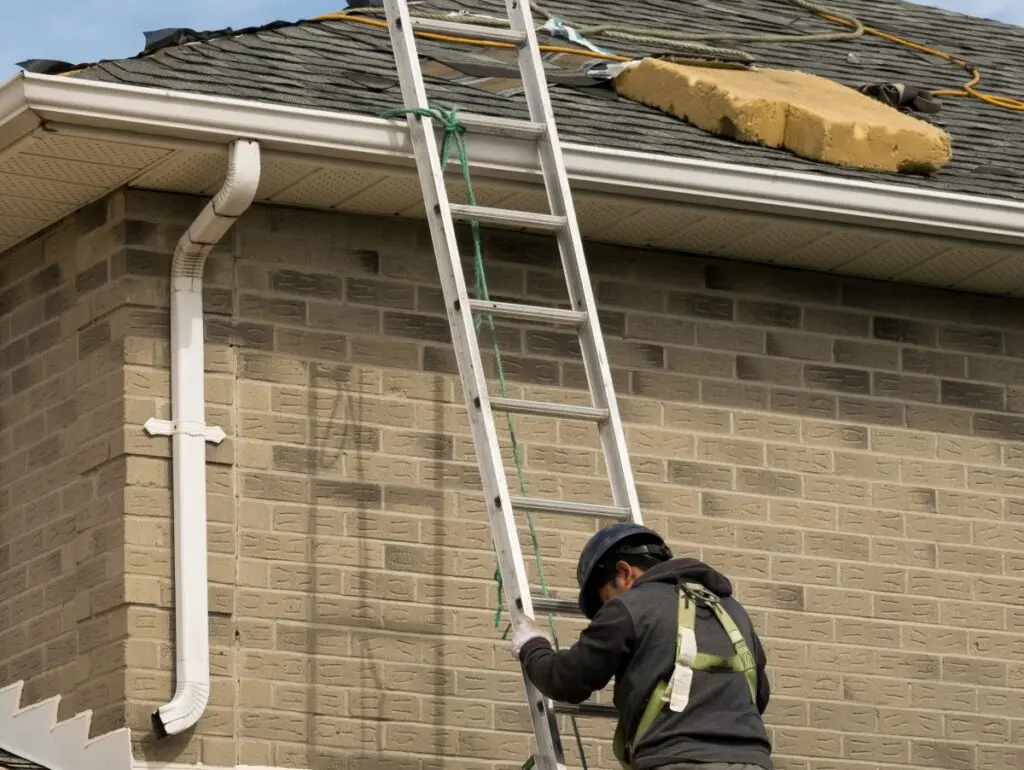 roof inspection checklist worker going up ladder