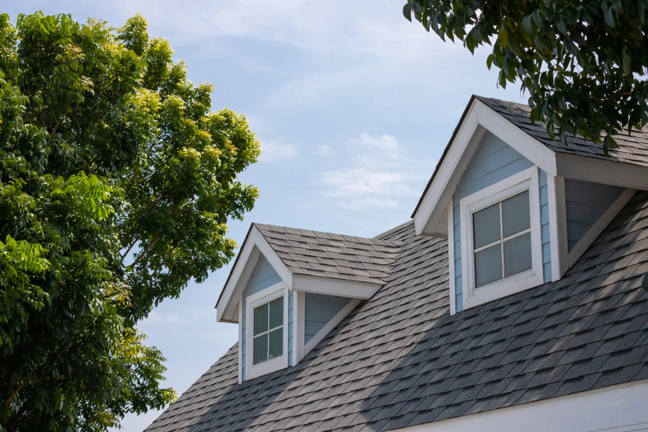 Roof shingles with garret house on top of the house among a lot of trees.