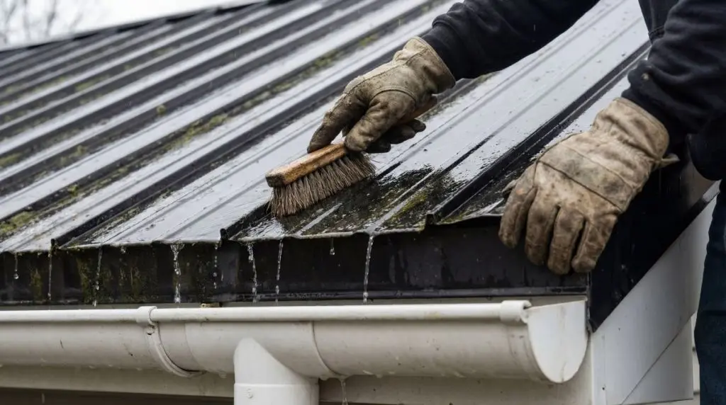 A close-up view depicts a person meticulously cleaning a corrugated metal roof with a brush