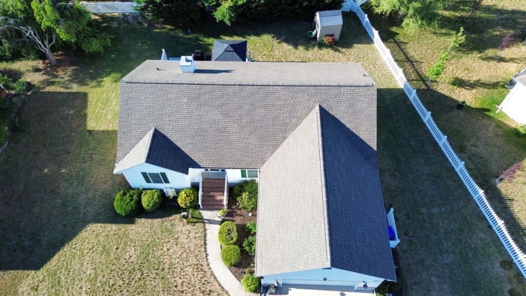 Aerial drone view of a shingle roof