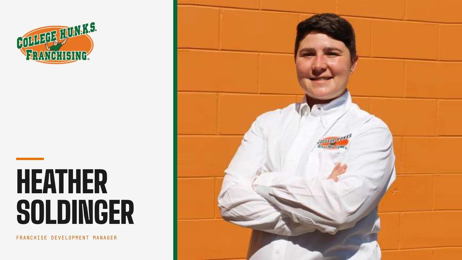 Heather Soldinger, Franchise Development Manager at College HUNKS Hauling Junk and Moving, in a branded button-down in front of an orange wall