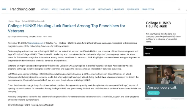 College HUNKS Ranks Top Franchises for Veterans