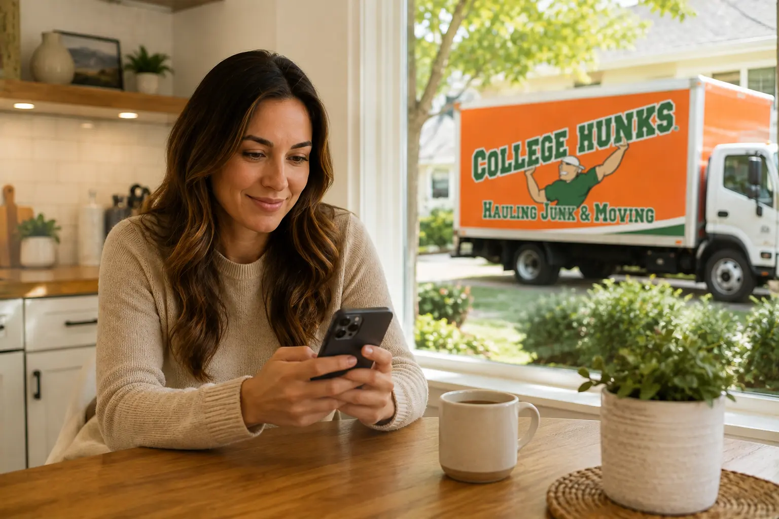 woman scrolling through phone in kitchen